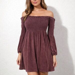 Chaser Smocked Off The Shoulder Mini Dress Size M Wine Maroon Lantern Sleeve NWT